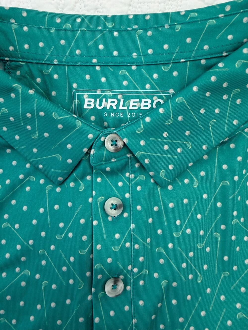 NWT BURLEBO PAR TEE Golf Club Print Performance Polo Teal Short Sleeve Mens XL